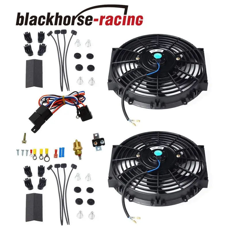 2X 10'' Electric Radiator Cooling Fan W/ & Thermostat Relay & Mounting Kits Black 1