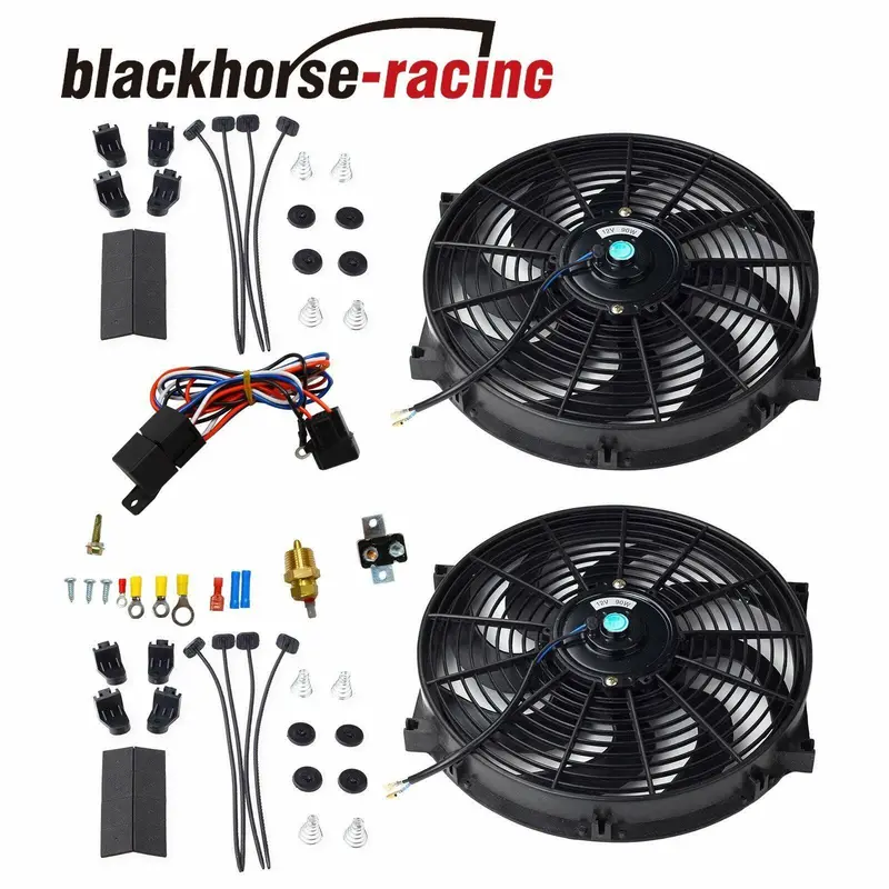 2X 14'' Electric Cooling Radiator Fan 3/8'' Probe Ground+Thermostat Switch Kit Bk 1