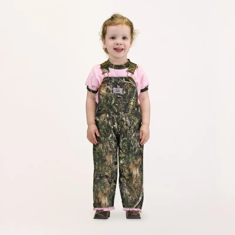 #428 Premium Pink Ruffle Bib Overall Girls In Realtree Or Mossy Oak Break-Up Made In Usa 1