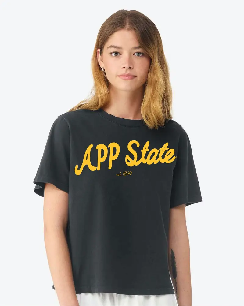 App State Mountaineers Bold Script Washed Black Ellie Heavyweight Tee 1