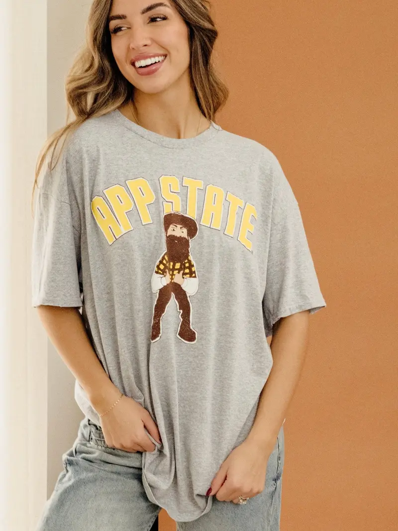 App State Mountaineers Cartoon Mascot Puff Ink Gray Thrifted Tee 1