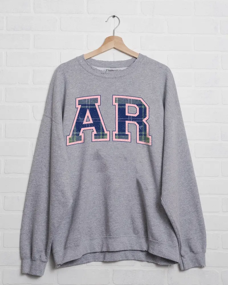 Ar Plaid Arch (Pink Outline) Gray Thrifted Sweatshirt (Final Sale) 1