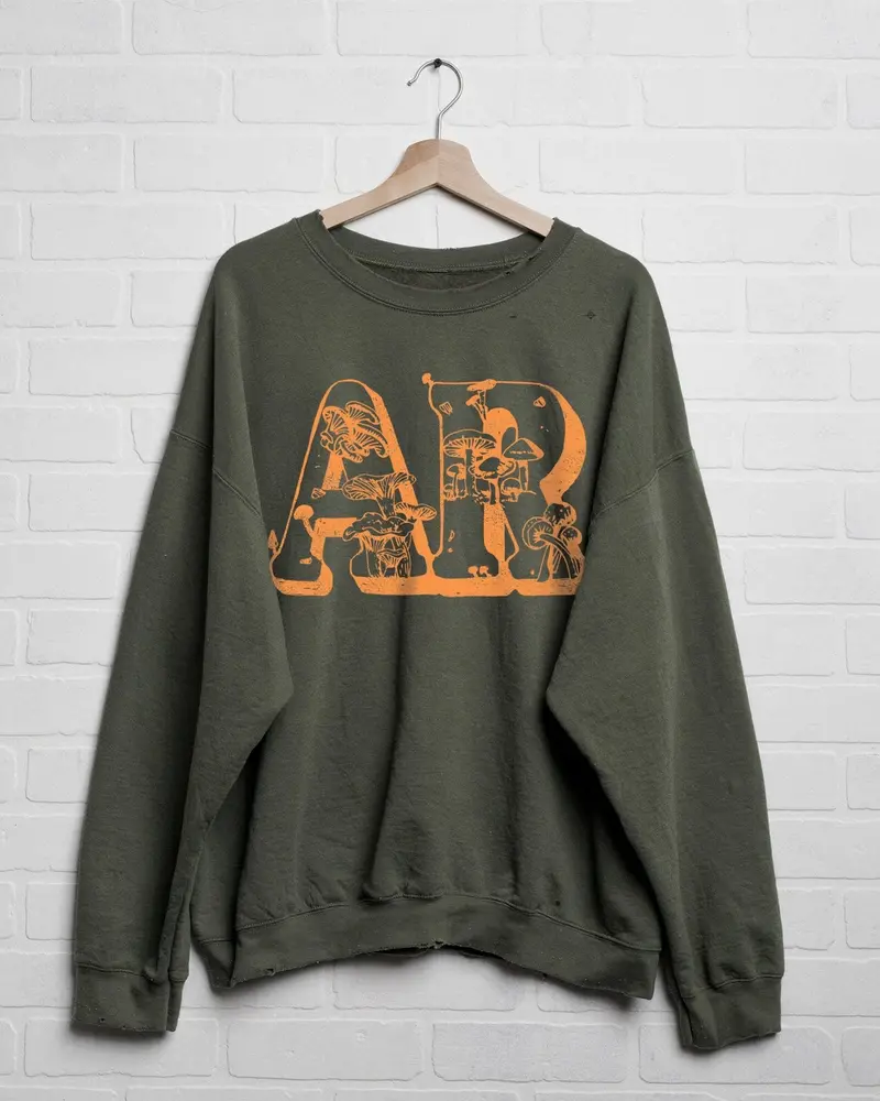 Arkansas Mushrooms Military Green Thrifted Sweatshirt (Final Sale) 1