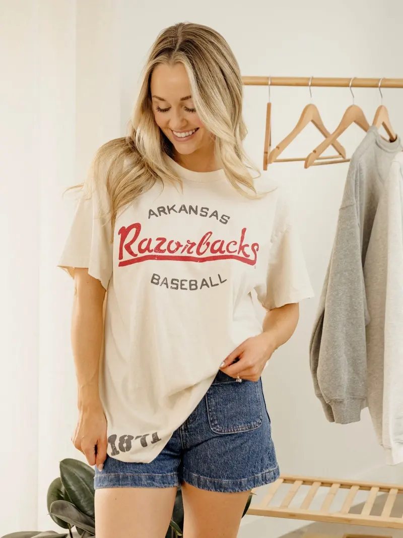 Arkansas Razorbacks Baseball Stencil Off White Thrifted Tee 1