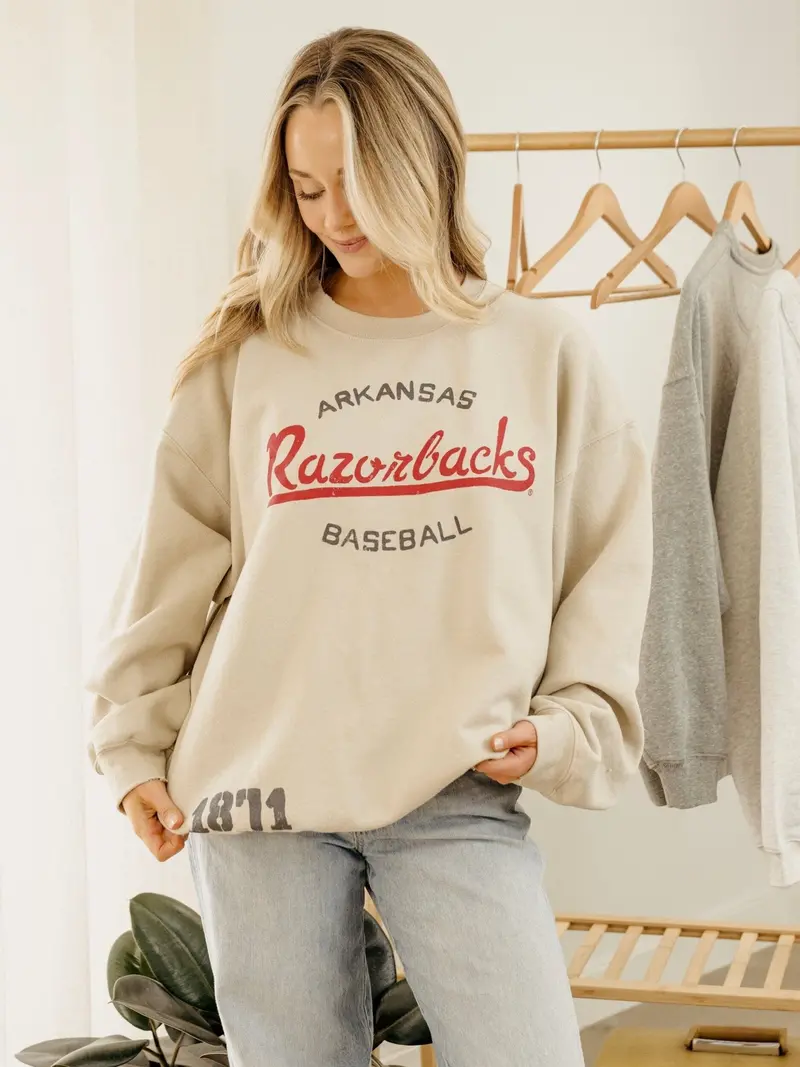 Arkansas Razorbacks Baseball Stencil Sand Thrifted Sweatshirt 1