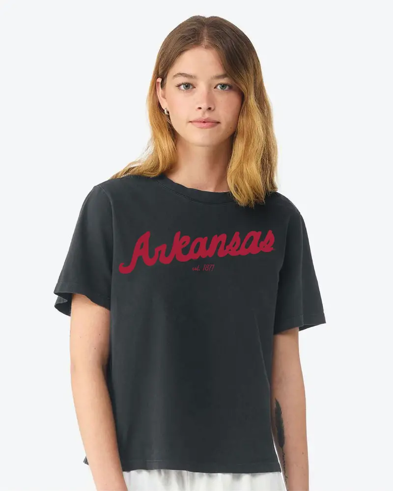 Arkansas Razorbacks Bold Script Washed Black Ellie Heavyweight Tee 1