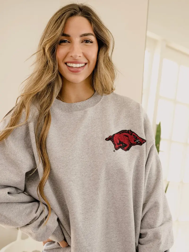 Arkansas Razorbacks Chenille Patch Gray Sweatshirt 1