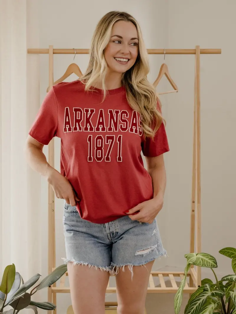 Arkansas Razorbacks College Block Puff Ink Red Ellie Perfect Tee 1