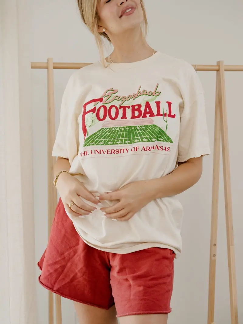 Arkansas Razorbacks Football Field Off White Thrifted Tee 1