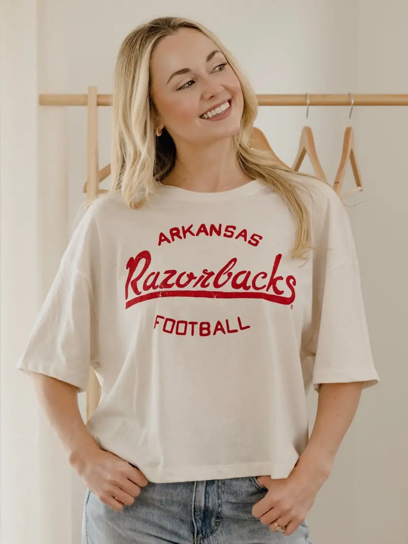 Arkansas Razorbacks Football Stencil Off White Cropped Tee 1