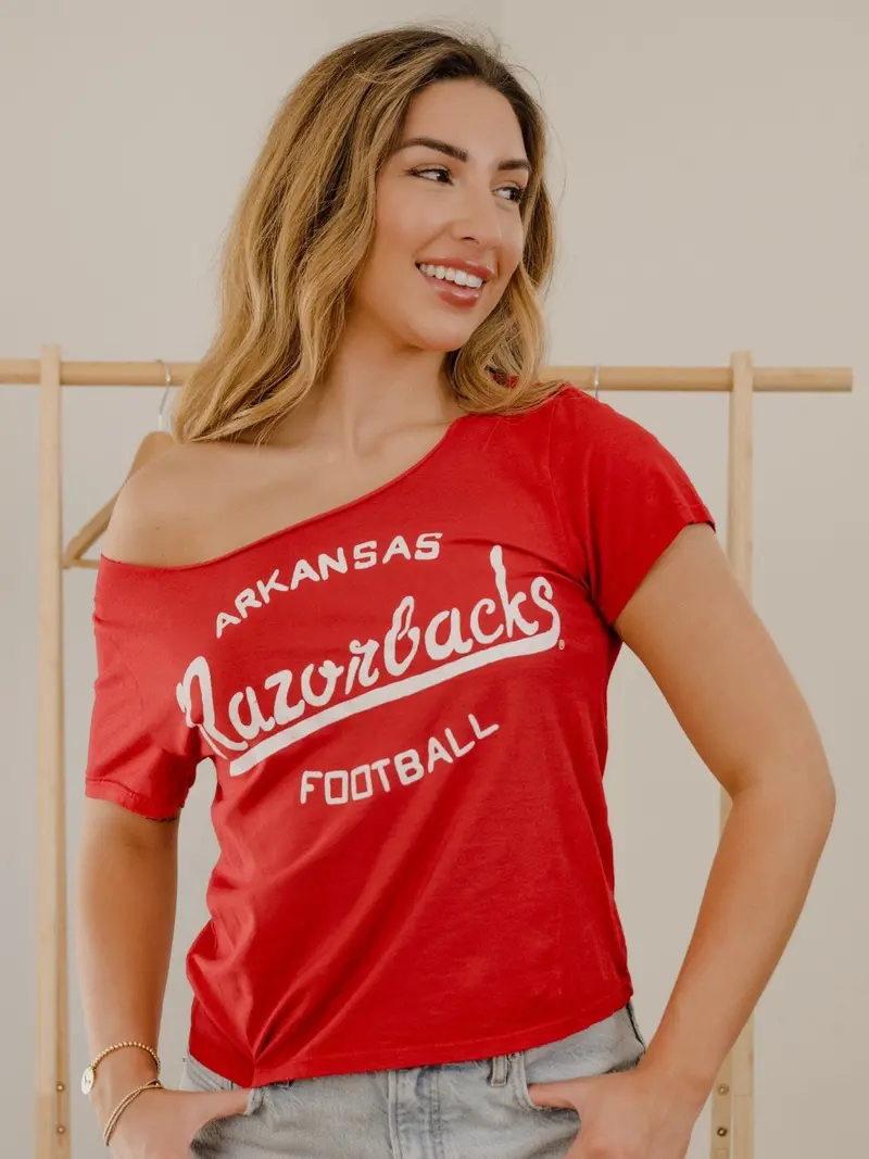 Arkansas Razorbacks Football Stencil Red Off Shoulder Tee 1
