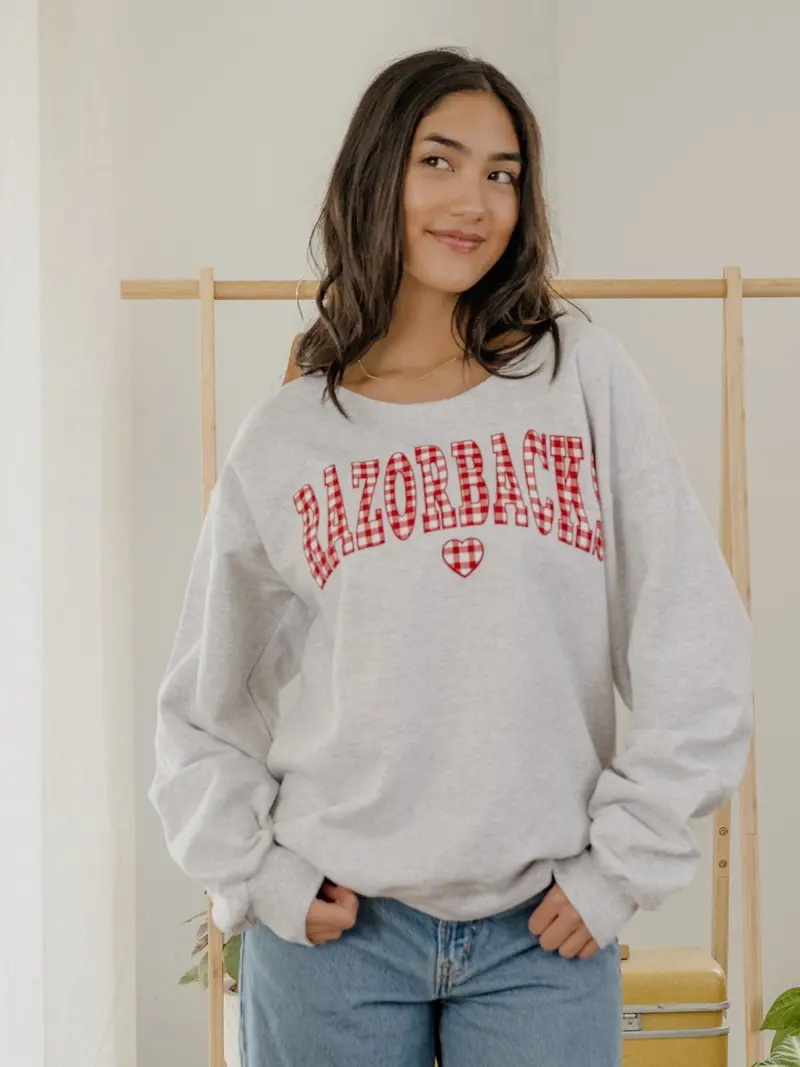 Arkansas Razorbacks Gingham Heart Ash Gray Flashdance Sweatshirt 1