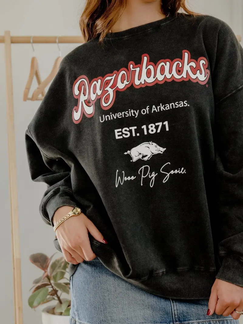 Arkansas Razorbacks Letterman Charcoal Chrome Hi Dive Sweatshirt 1