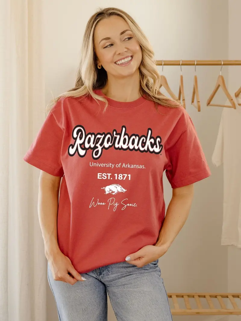 Arkansas Razorbacks Letterman Red Thrifted Tee 1