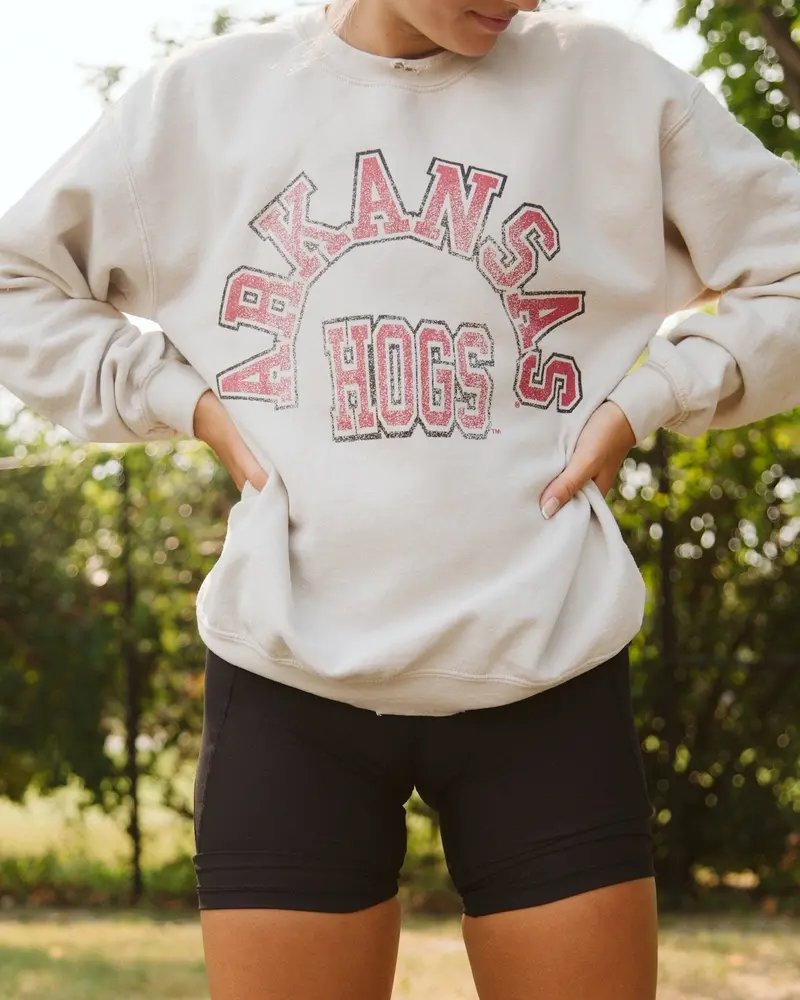 Arkansas Razorbacks Mega Arch Sand Thrifted Sweatshirt 1