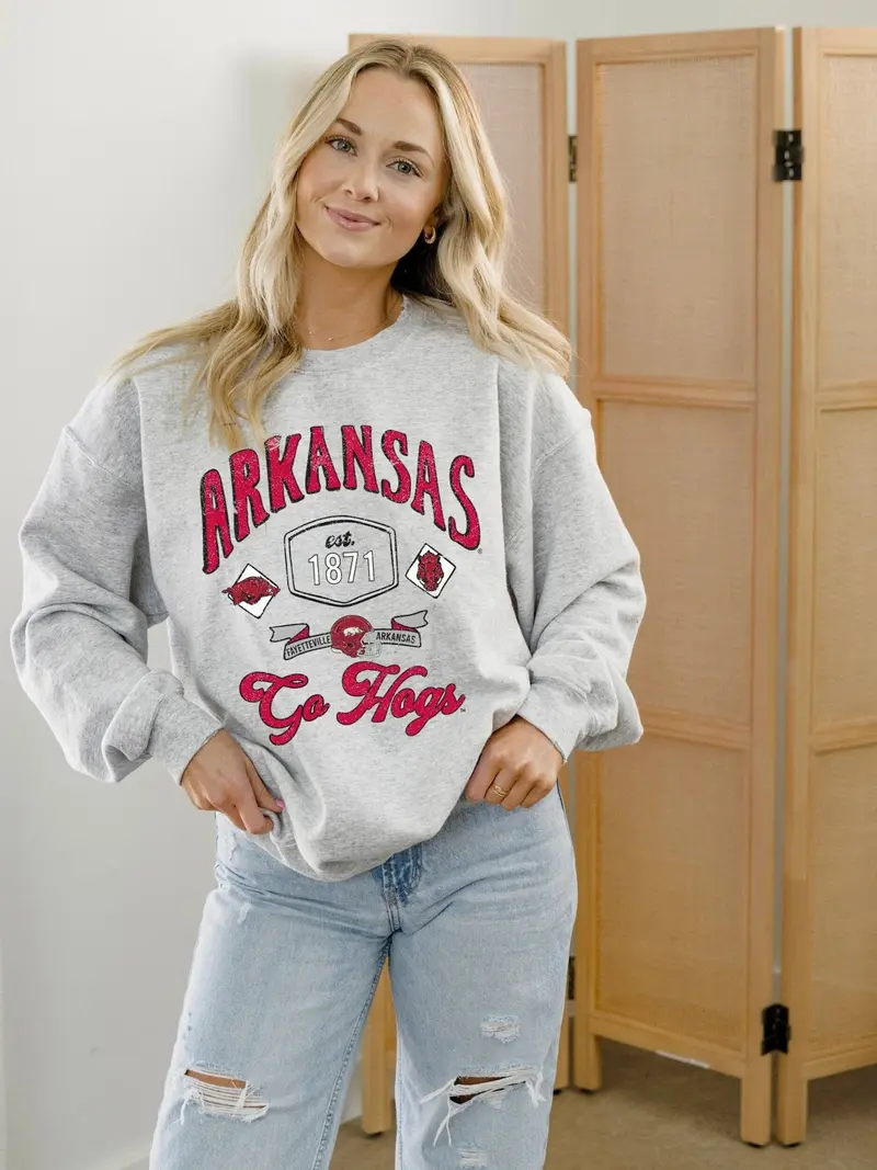 Arkansas Razorbacks Patches 25 Ash Gray Thrifted Sweatshirt 1