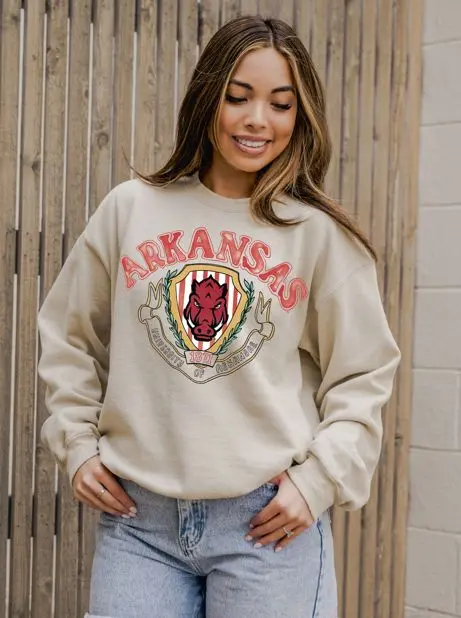Arkansas Razorbacks Stripe Crest Natural Sweatshirt 1