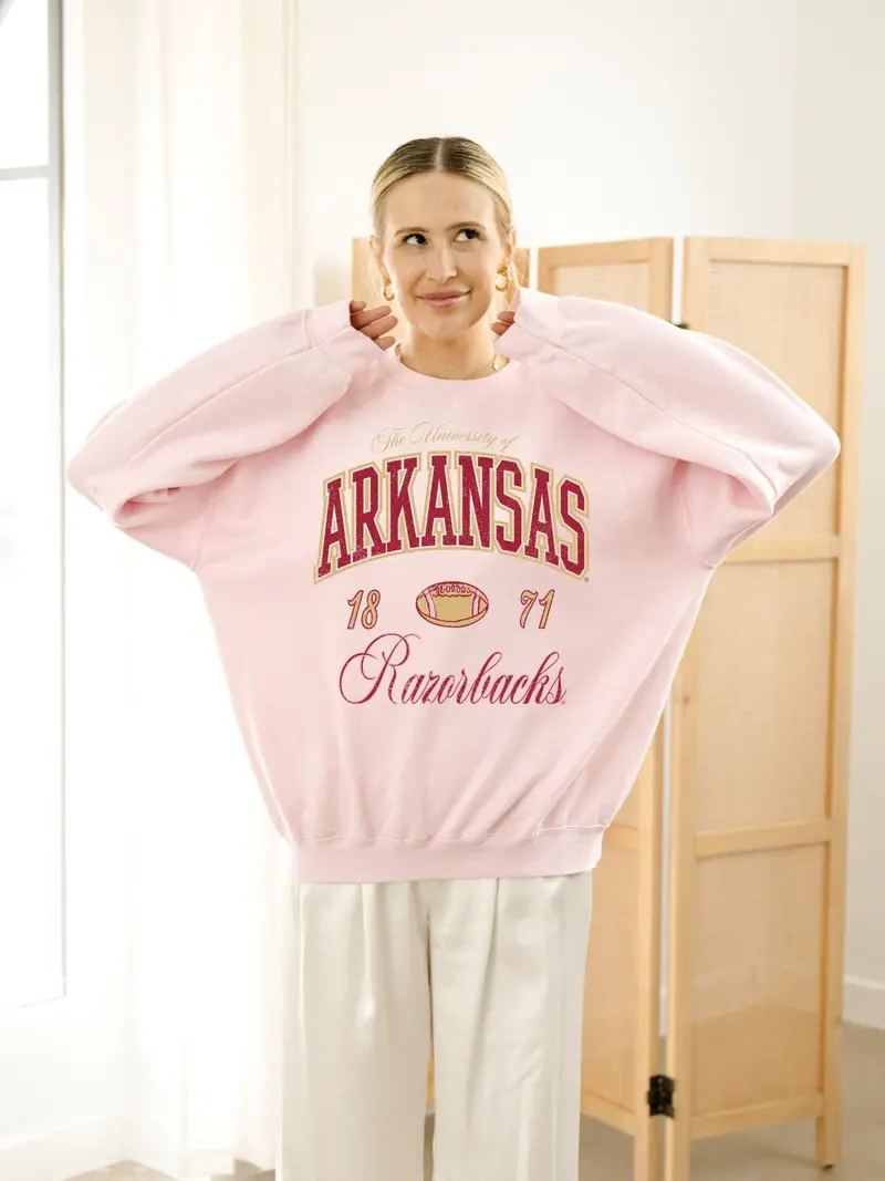 Arkansas Razorbacks Wave Arch Pink Thrifted Sweatshirt 1