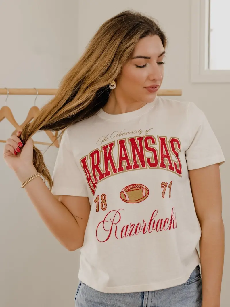 Arkansas Razorbacks Wave Arch Vintage White Ellie Perfect Tee 1
