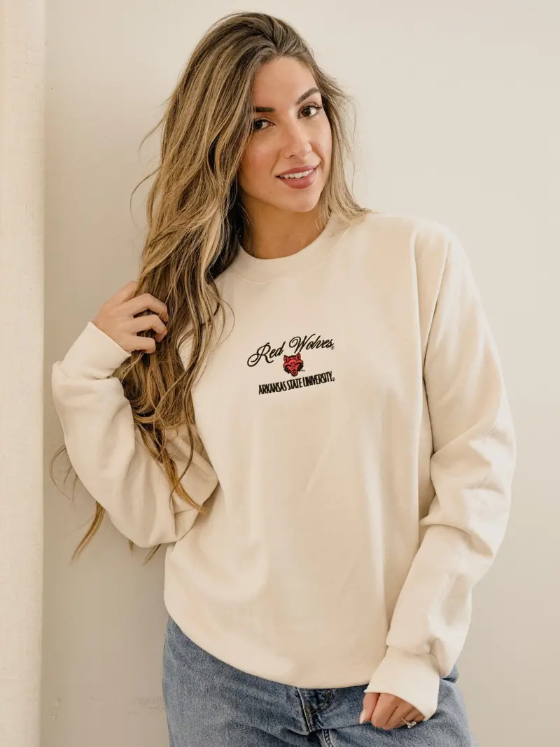 Asu Red Wolves Embroidered Script Cream Sweatshirt 1