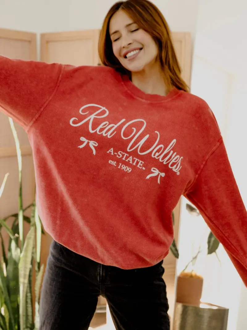 Asu Red Wolves Established Bows Red Corded Crew Sweatshirt 1