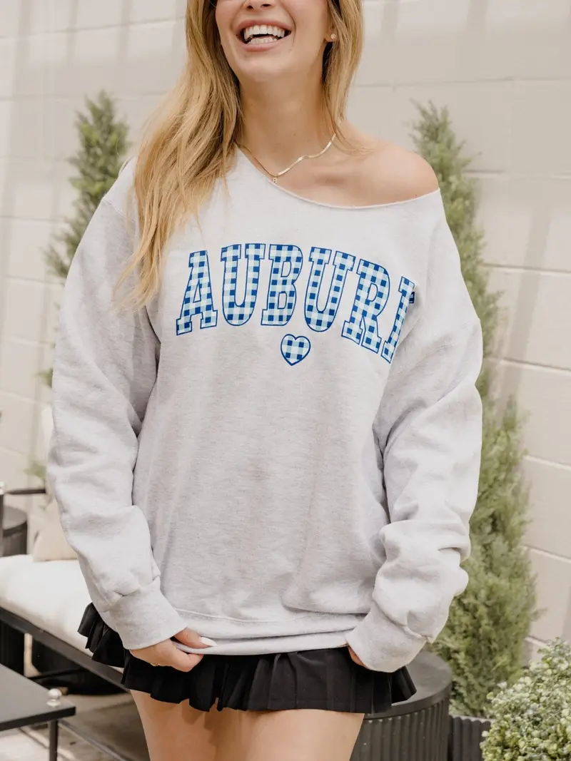 Auburn Tigers Gingham Heart Ash Gray Flashdance Sweatshirt 1