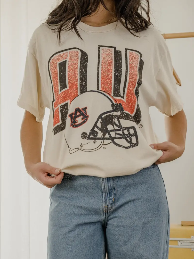 Auburn Tigers Helmet Fade Off White Thrifted Tee 1