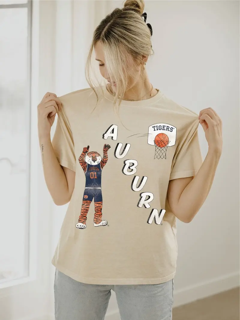 Auburn Tigers Retro Basketball Off White Thrifted Tee 1