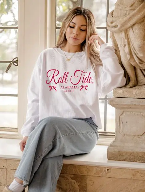Bama Established Bows White Corded Crew Sweatshirt 1