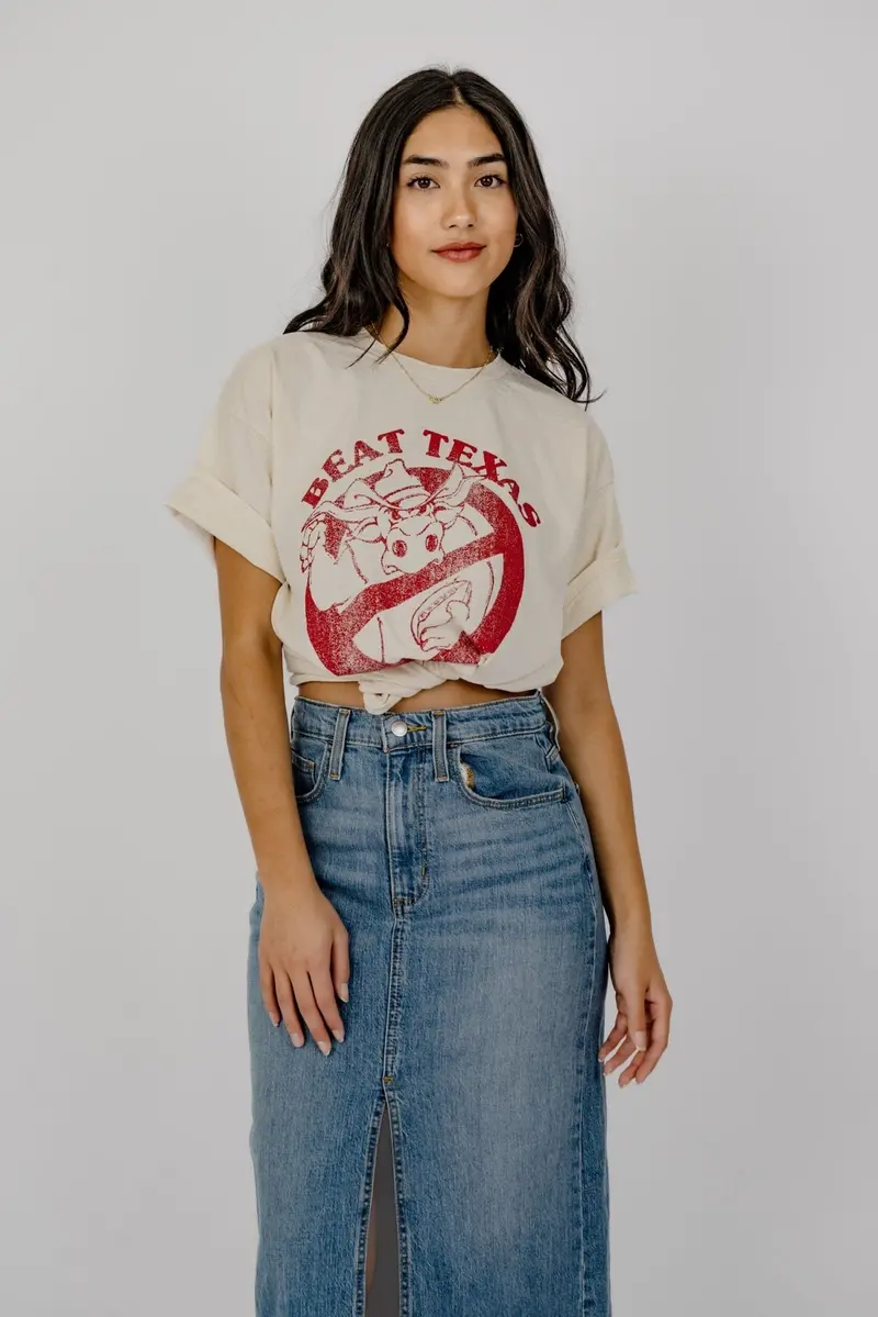 Beat Texas Horn Busters (Crimson Ink) Off White Thrifted Tee 1