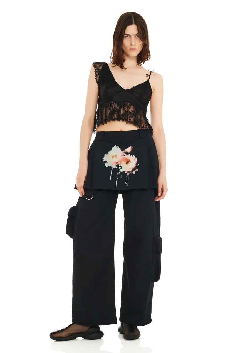 Black Flower Dream Lawn Skirt Cargo Pant 1