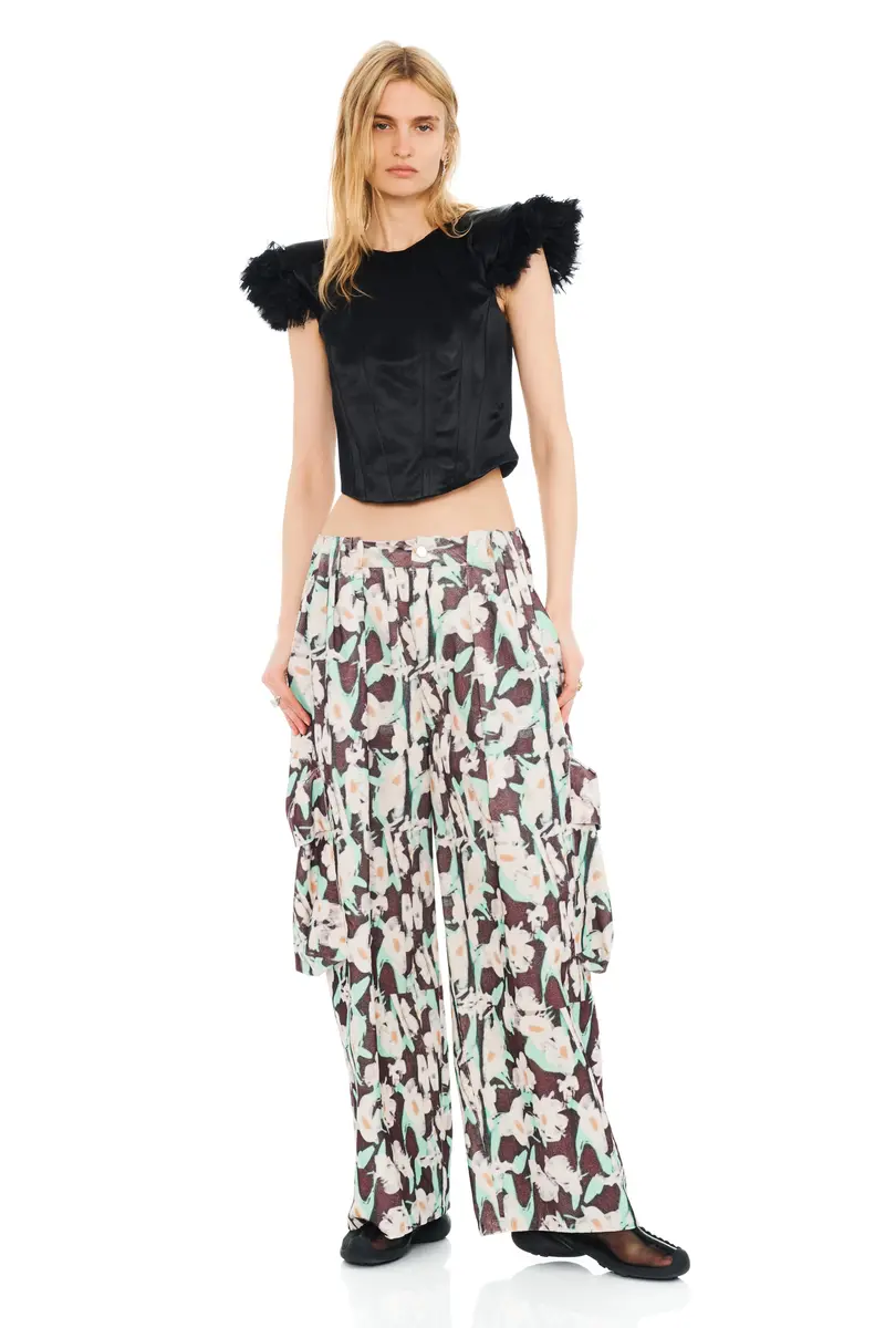 Black Painted Daisy Pleated Cargo Pant 1