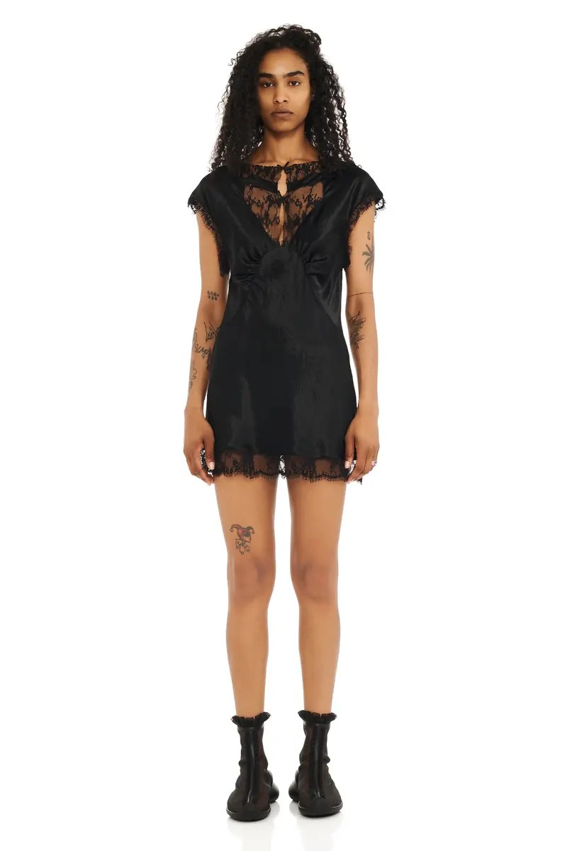 Black Satin Waterlily Mini Dress 1