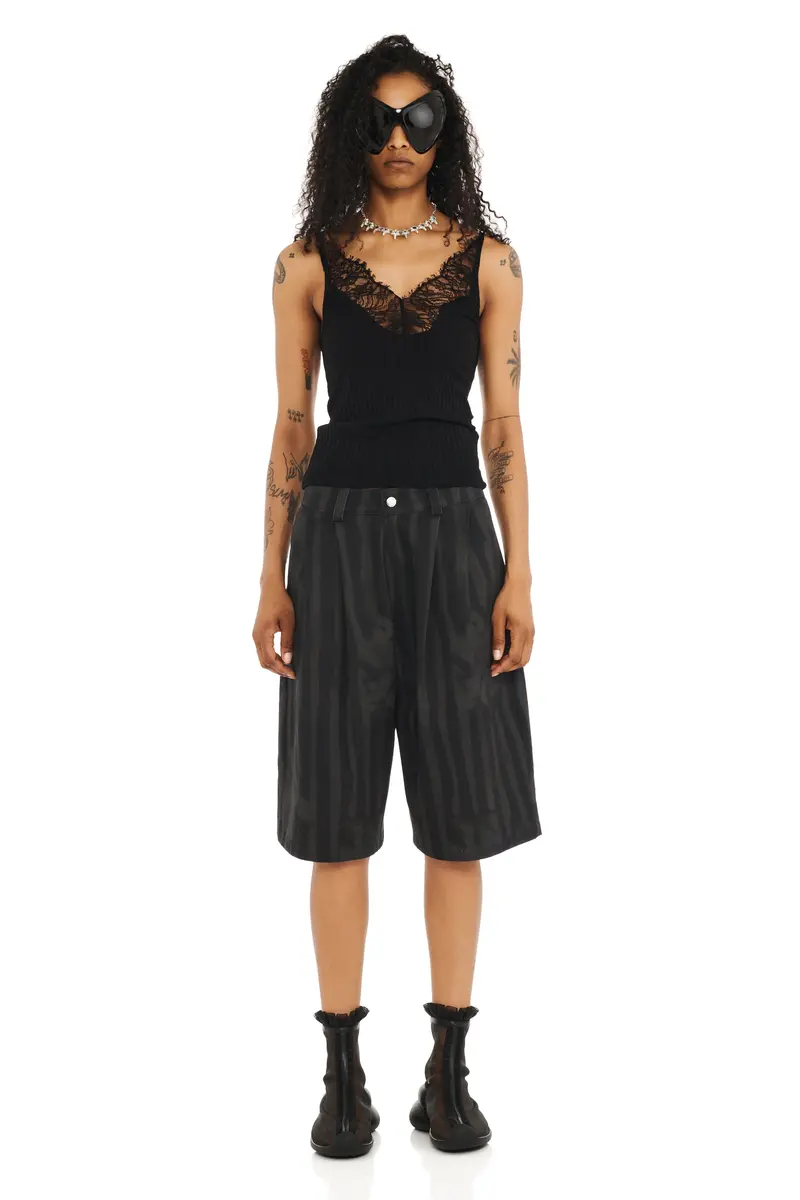 Black Wavy Floral Stripe Catchfly Shorts 1