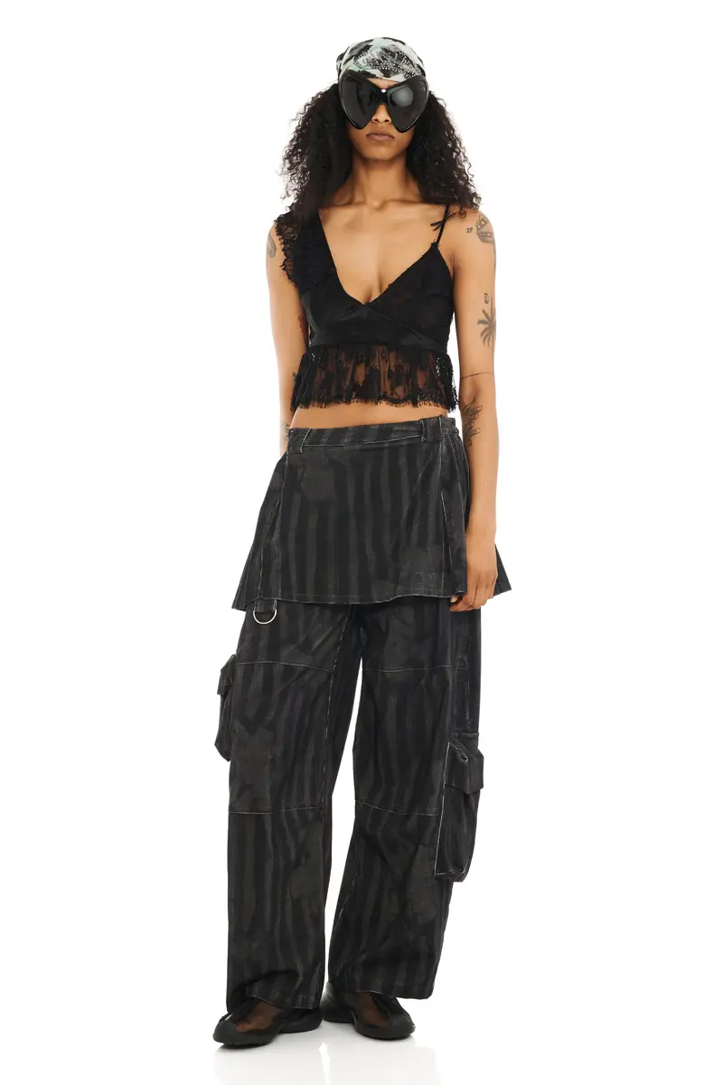 Black Wavy Flower Stripe Lawn Skirt Cargo Pant 1