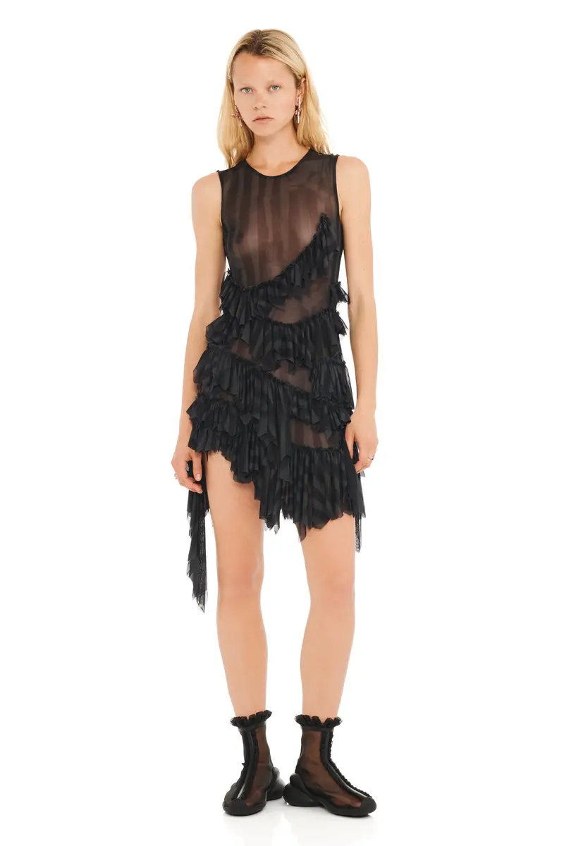 Black Wavy Flower Stripe Nettle Dress 1