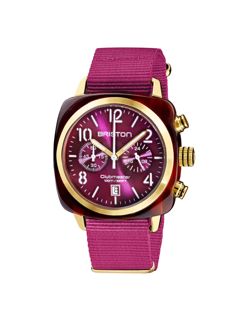 Briston Clubmaster Classic Acetate Chronograph Cardinal Grape Sunray Dial Yellow Gold 42Mm 1