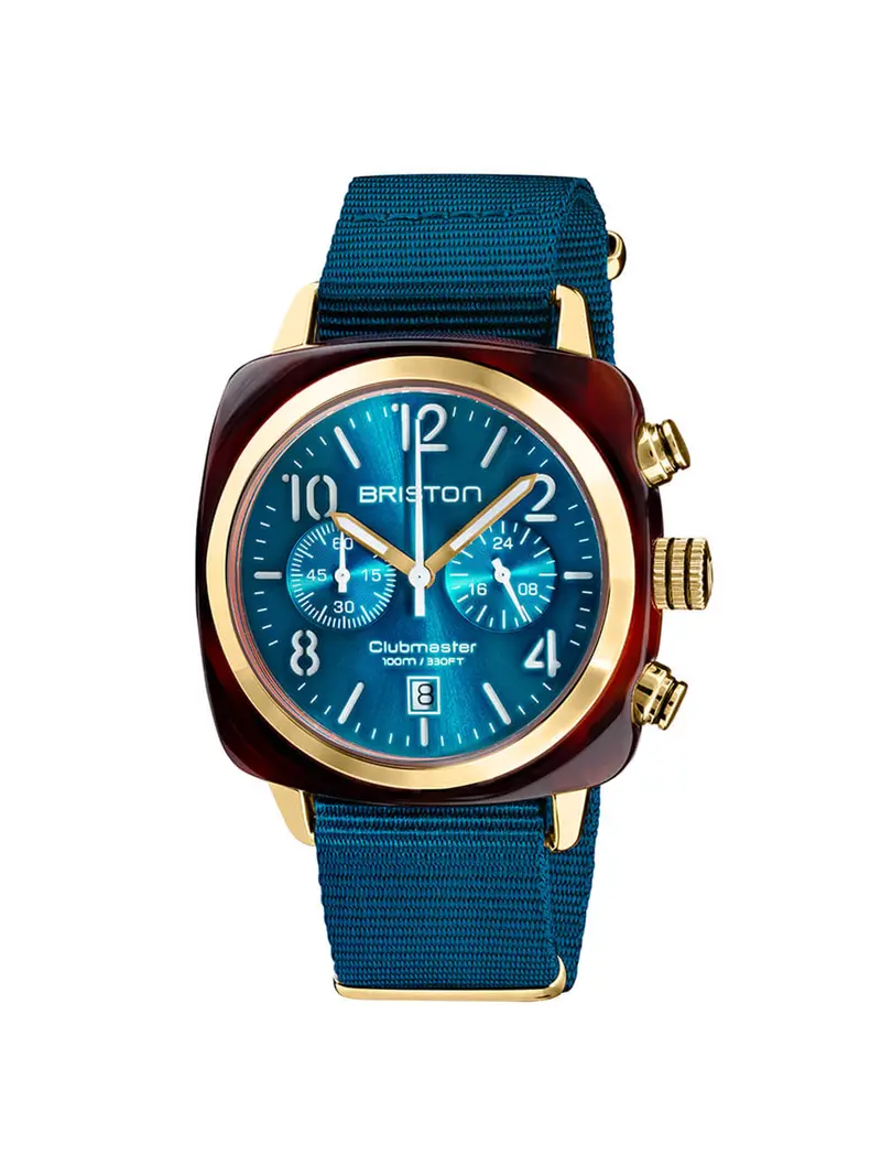 Briston Clubmaster Classic Acetate Chronograph Peacock Blue Sunray Dial Yellow Gold 42Mm 1