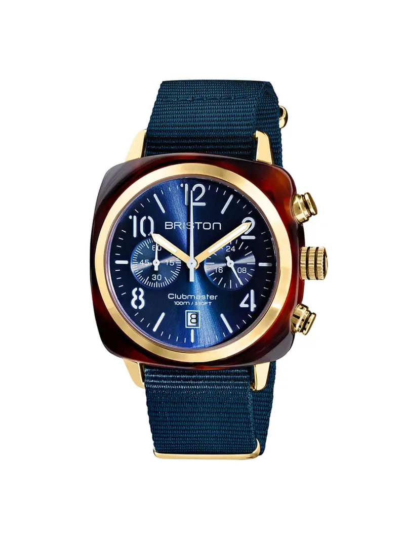 Briston Clubmaster Classic Acetate Chronograph Yellow Gold Midnight Blue Sunray 40Mm 1