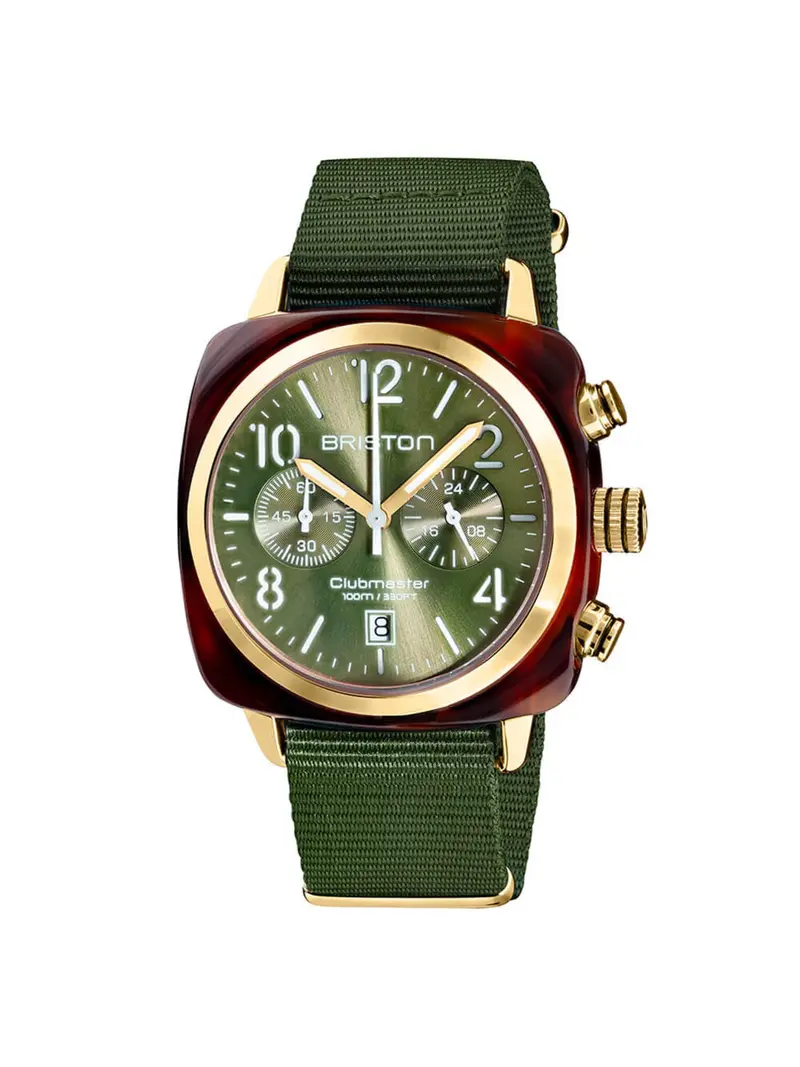 Briston Clubmaster Classic Acetate Chronograph Yellow Gold Olive Sunray 40Mm 1