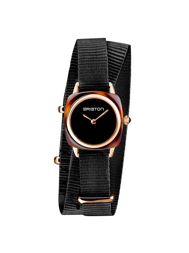 Briston Clubmaster Lady Acetate Hm Tortoise Shell Black Dial Rose Gold Black Double Tour Nato Strap 24Mm 1