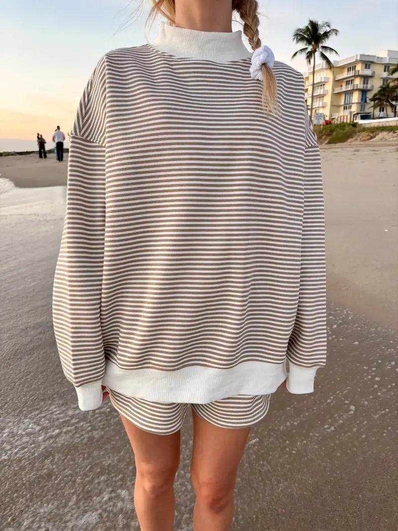 Brown And White Big Striped Mockneck Sweatshirt 1