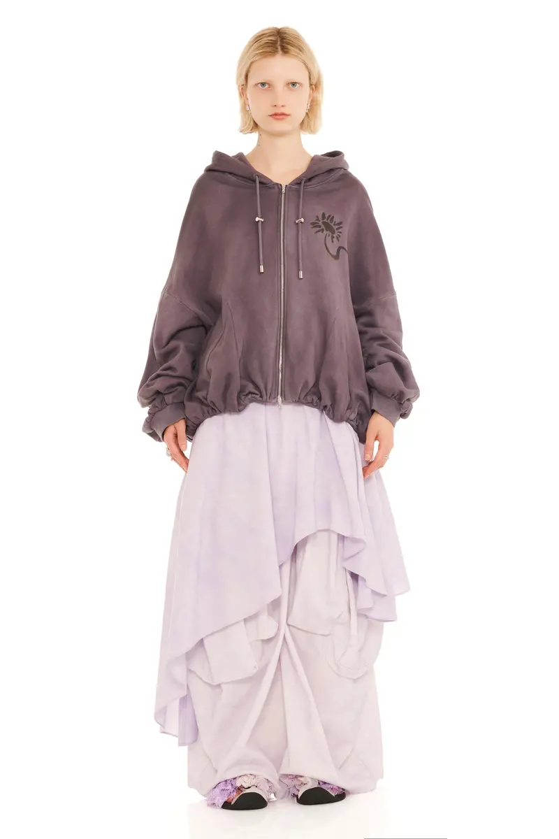 Charcoal Daisies Gathered Zip Up Hoodie 1