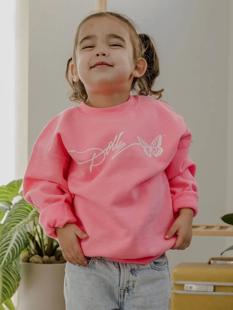 Children's Dolly Parton Signature Script Butterfly Dark Pink Sweatshirt 1