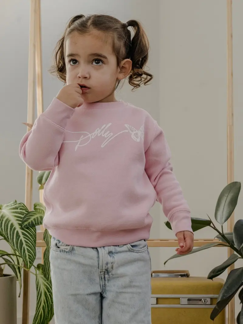 Children's Dolly Parton Signature Script Butterfly Light Pink Sweatshirt 1