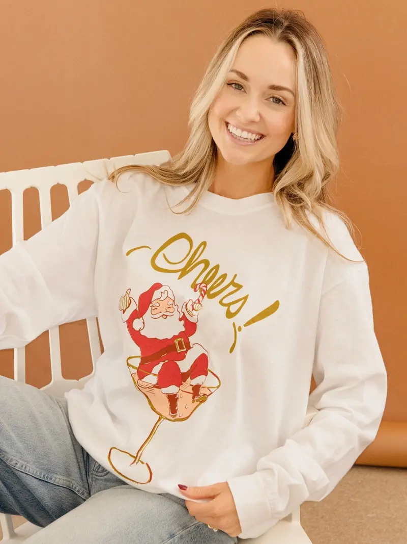 Christmas Cheers Santa Martini White Ls Tee 1