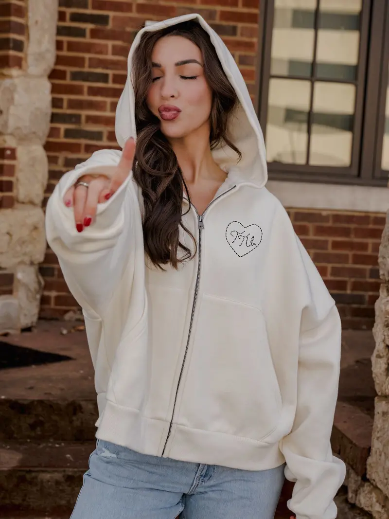 *Coming Soon* Texas Tech Heart Stitch Embroidered Off White Zip Up Hoodie 1