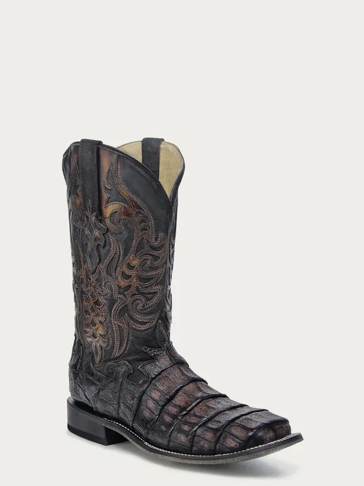 Corral Men's Caiman Embroidery And Overlay Chocolate Wide Square Toe Cowboy Boot 1
