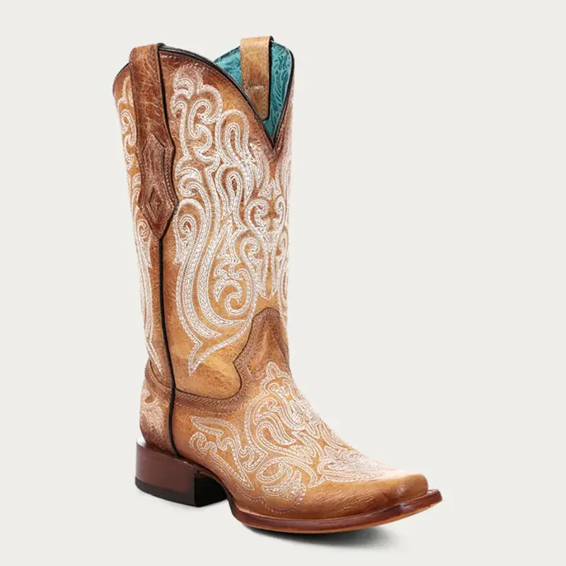 Corral Women's Blue Luminescent Embroidery Straw Square Toe Cowboy Boots 1