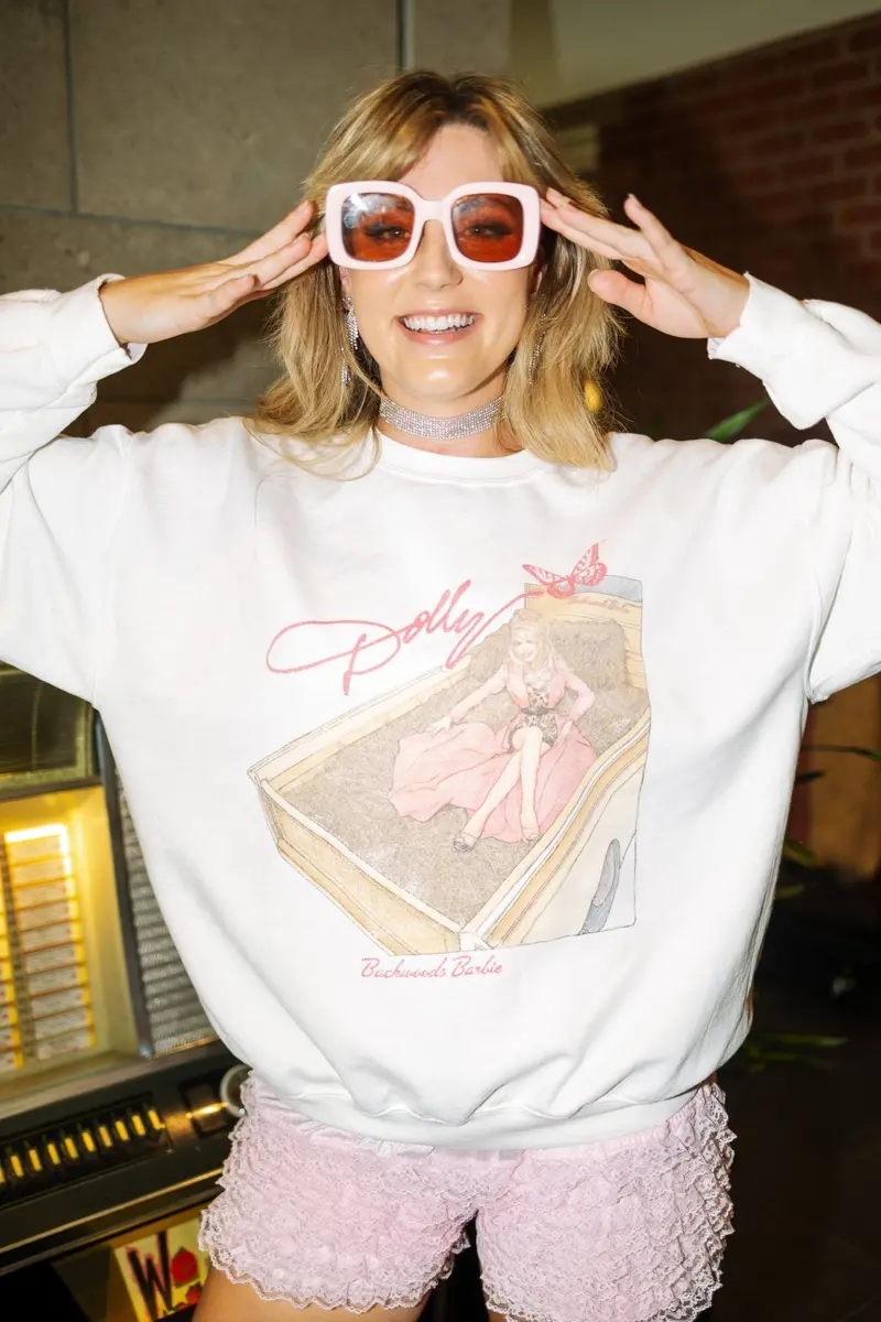 Dolly Parton Backwoods Barbie White Thrifted Sweatshirt 1